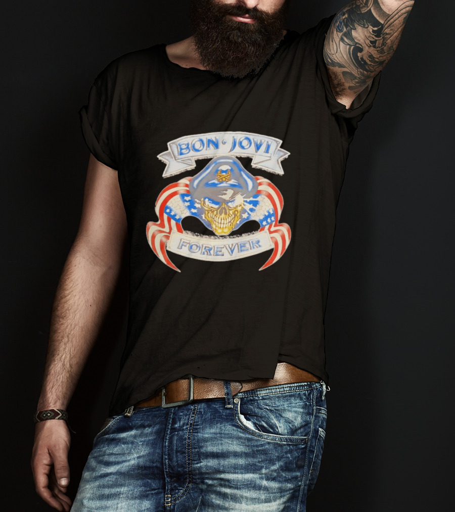 Bon Jovi Forever Skull With American Flag Banners And Blue Cap T-Shirt