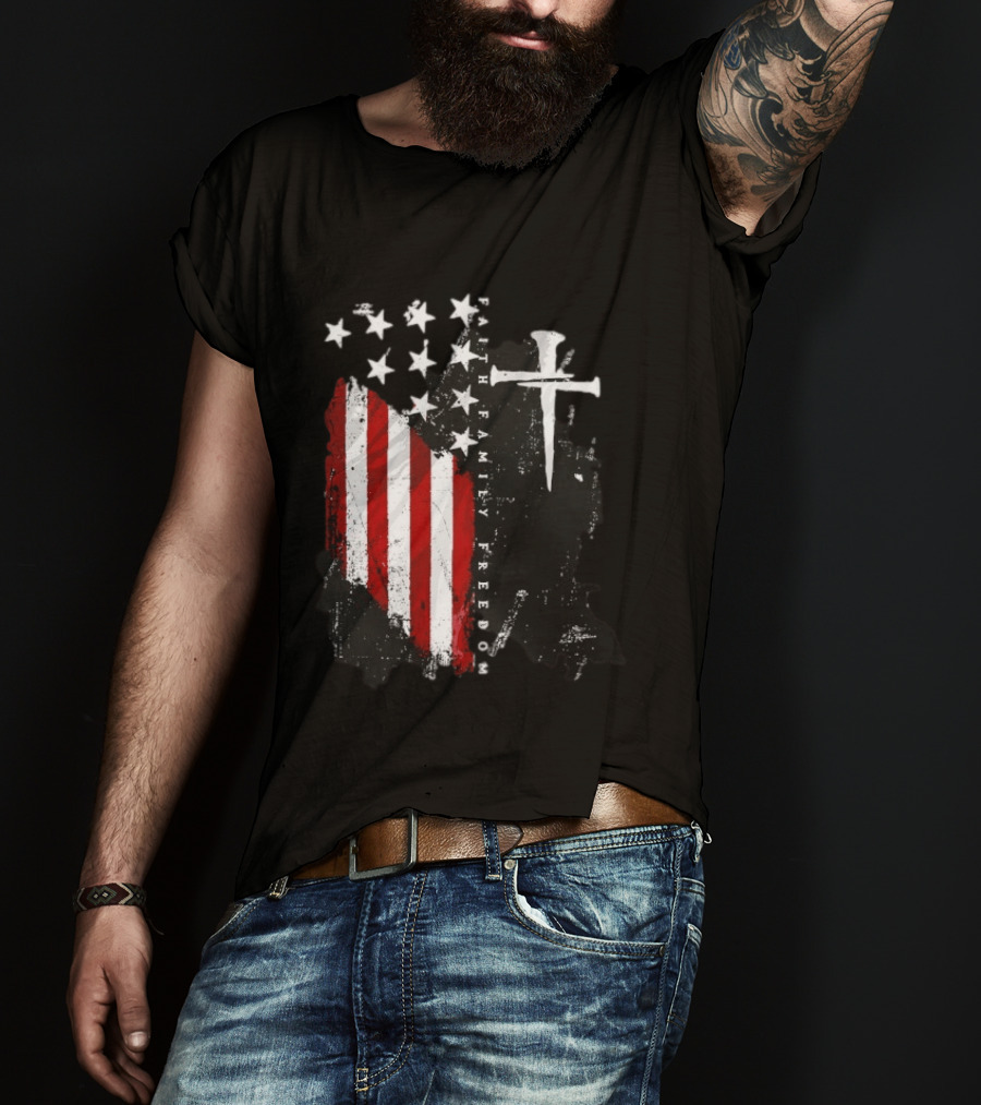 Faith Family Freedom Patriotic American Flag Cross T-Shirt