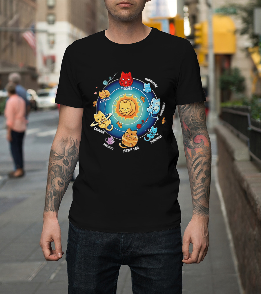 Cat Solar System Pun With Meowars And Planets Names Like Kittenus And Purrurns T-Shirt