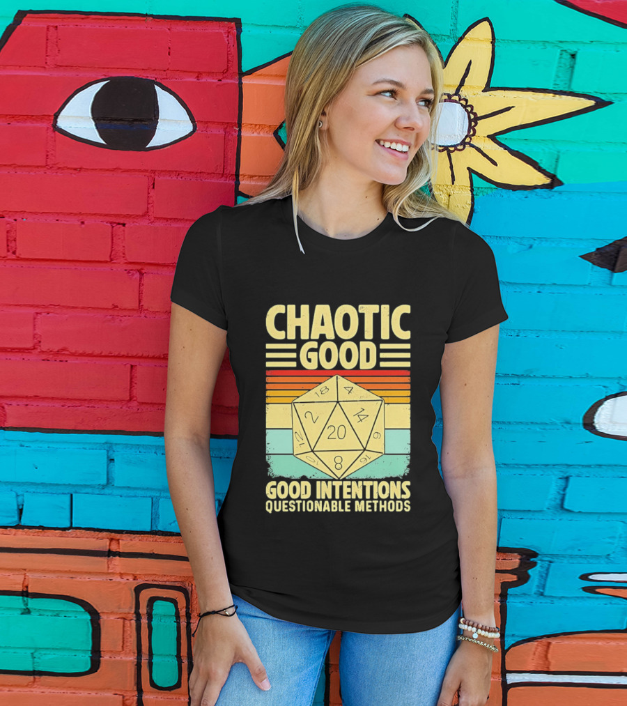 Chaotic Good D20 Good Intentions Questionable Methods Stripes T-Shirt