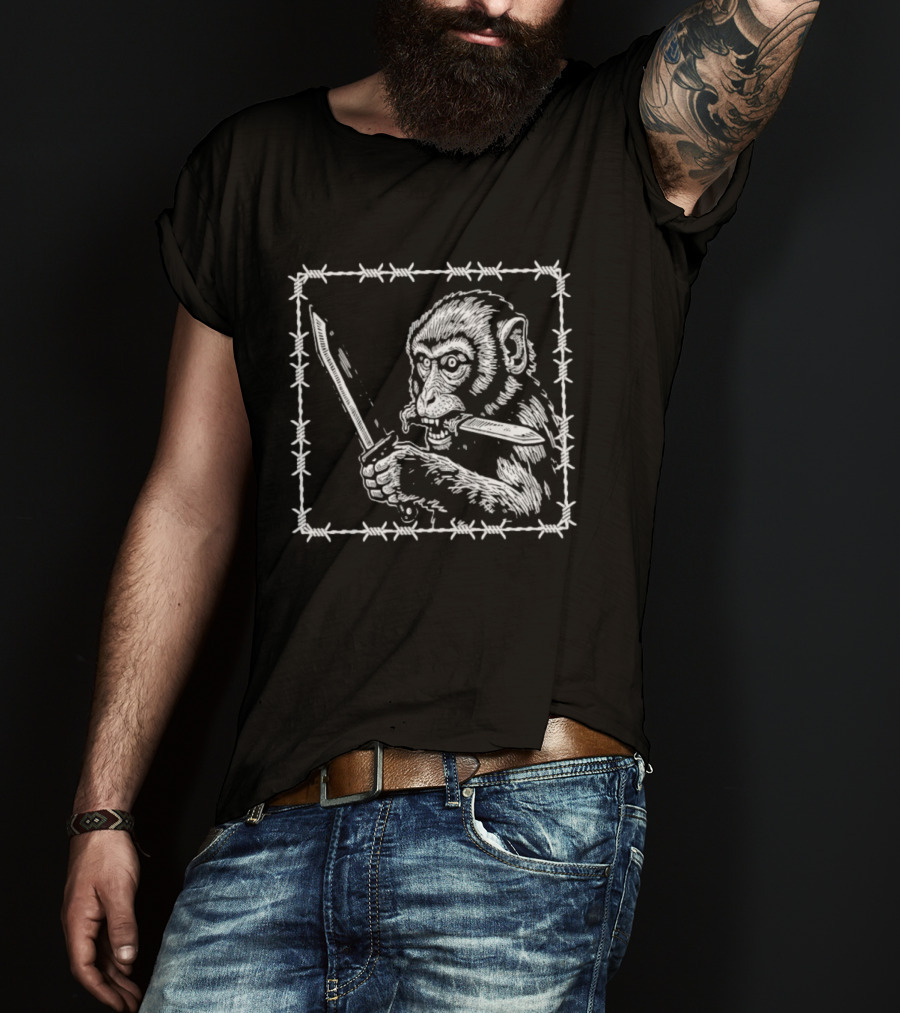 Monkey Holding Knife Barbed Wire Black And White Sketch T-Shirt