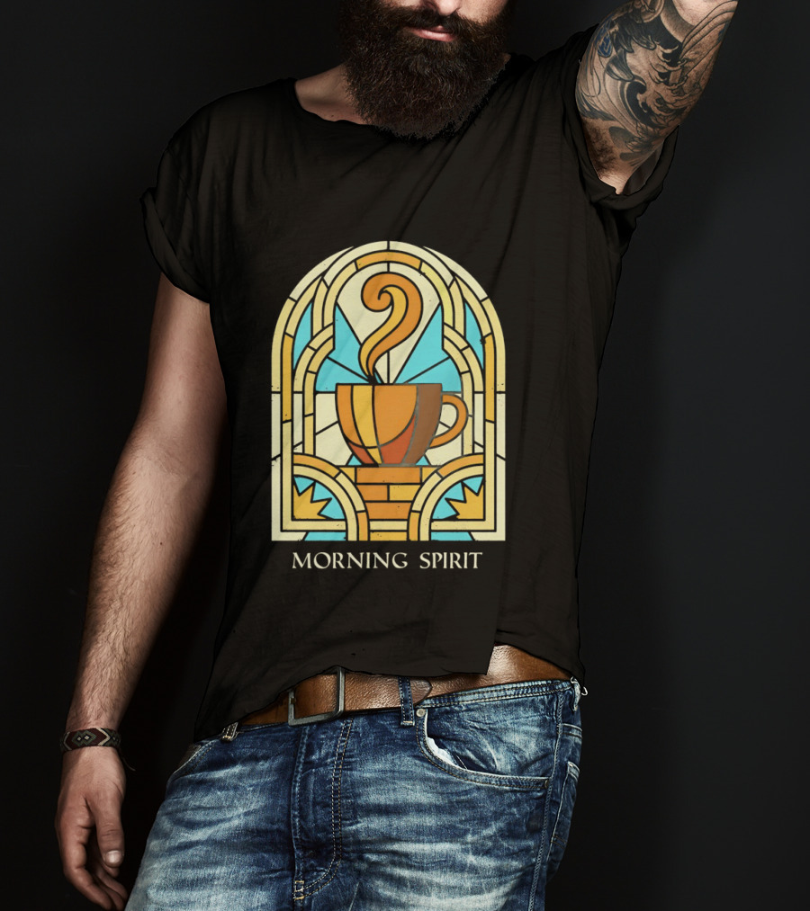 Morning Spirit Coffee Cup Stained Glass Art Deco T-Shirt
