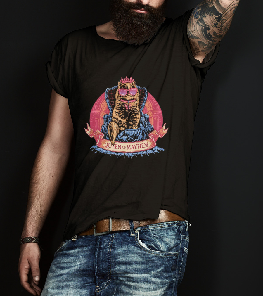 Queen Of Mayhem Cat With Pink Crown And Glasses On Throne T-Shirt