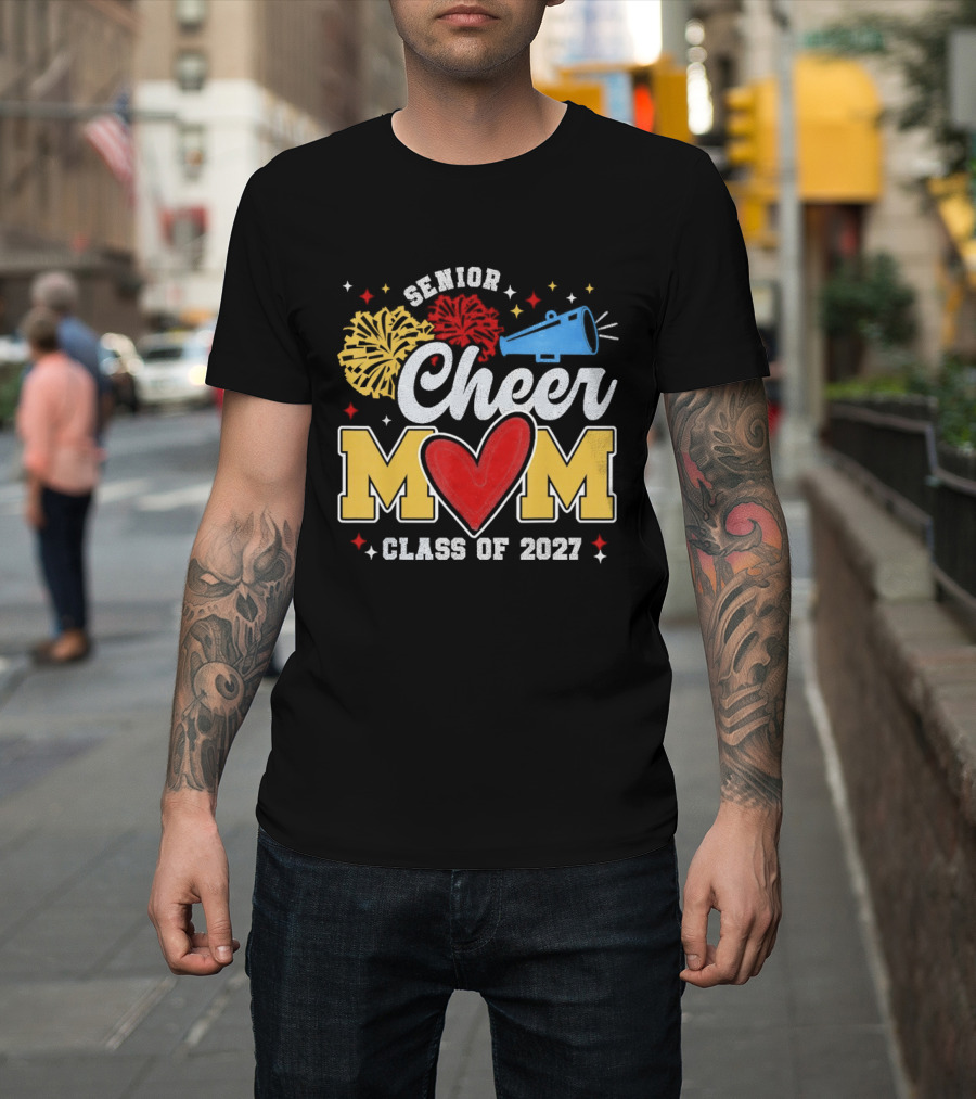 Senior Cheer Mom Megaphone Heart Pom Poms Class Of 2027 T-Shirt