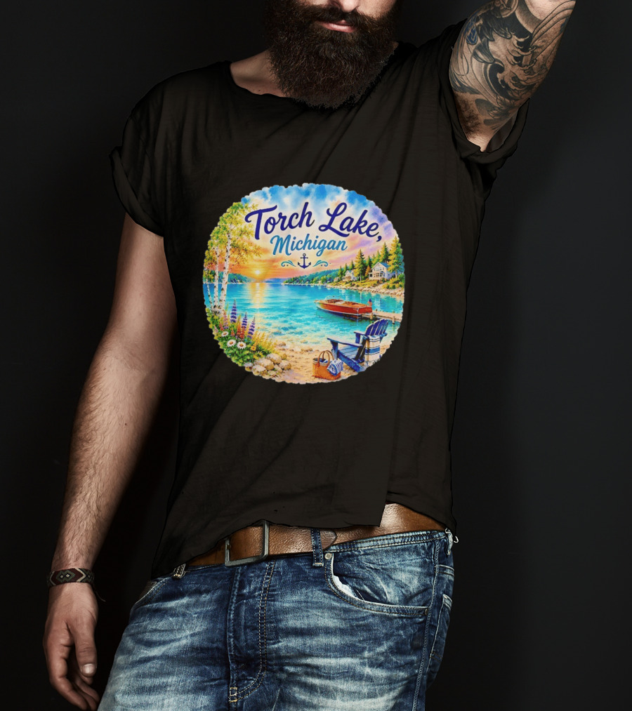 Torch Lake Michigan Sunset Scenic Lakeside Anchor T-Shirt
