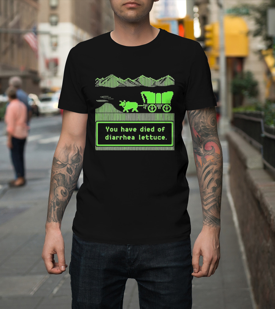 You Have Died Of Diarrhea Lettuce Oregon Trail Wagon Pixelated Retro Text Green T-Shirt