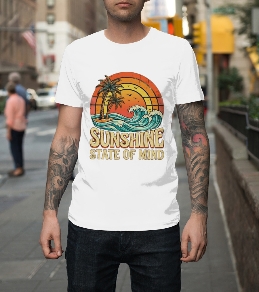 Sunshine State Of Mind Palm Trees Crashing Waves Sunset T-Shirt