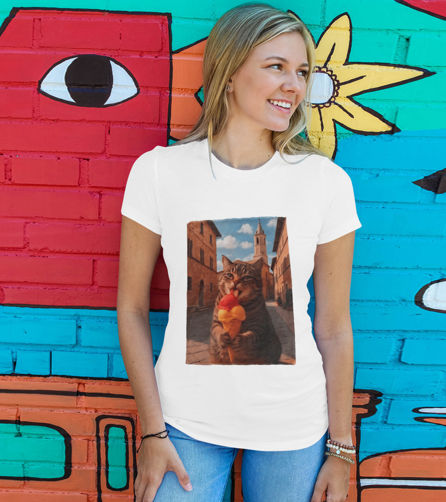 Tabby Cat Eating Ice Cream Cone In Italian Village Street Scene T-Shirt