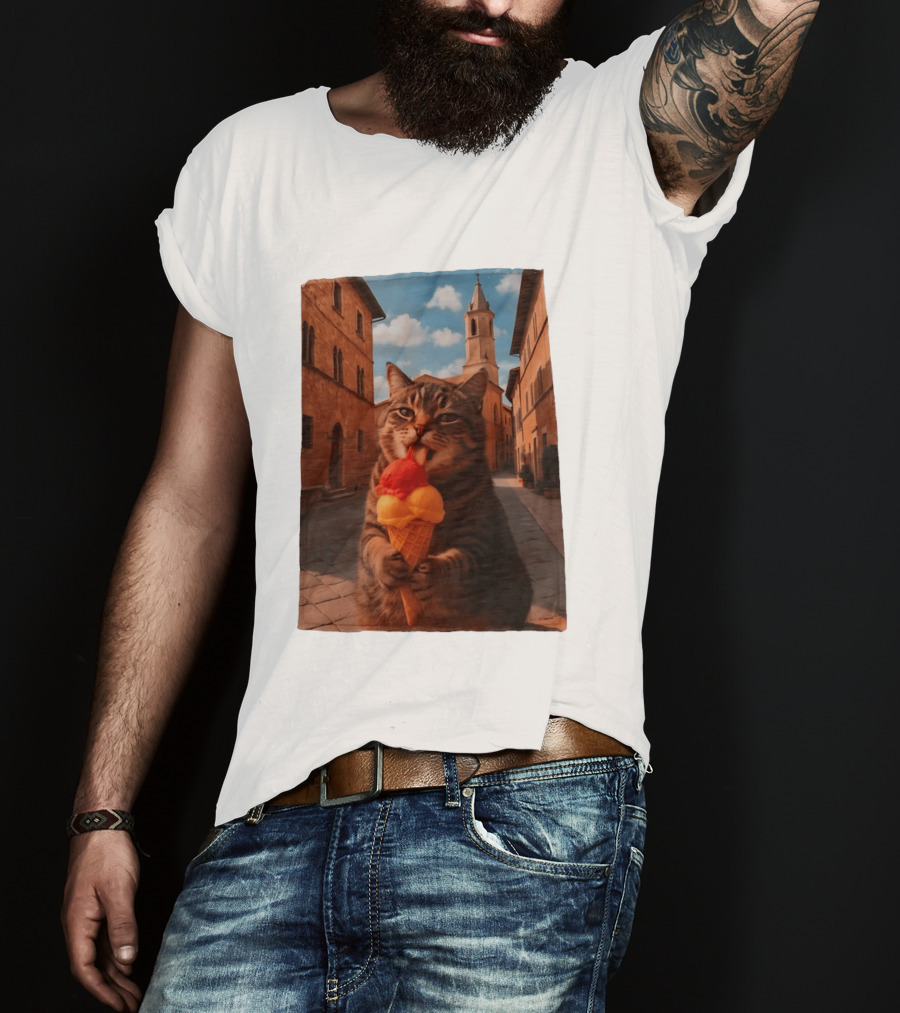 Tabby Cat Eating Ice Cream Cone In Italian Village Street Scene T-Shirt