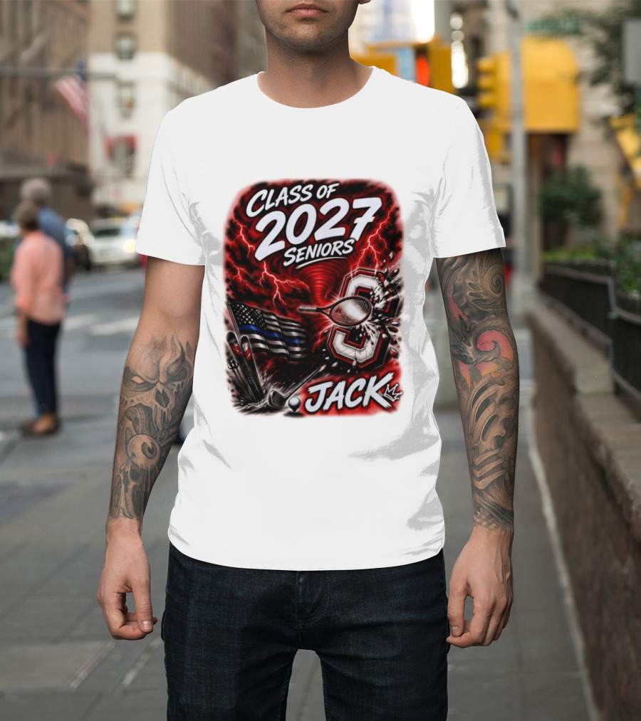 Class Of 2027 Seniors Jack Black Flag Lightning Tennis Football T-Shirt