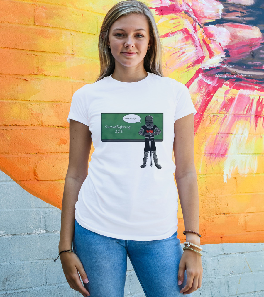 Swordfighting 101 None Shall Pass Black Knight Cartoon T-Shirt