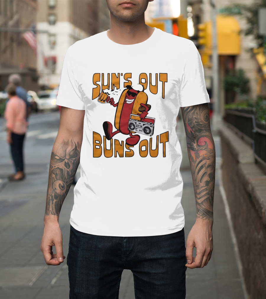 Sun's Out Buns Out Hot Dog With Sunglasses Holding Beer And Boombox T-Shirt