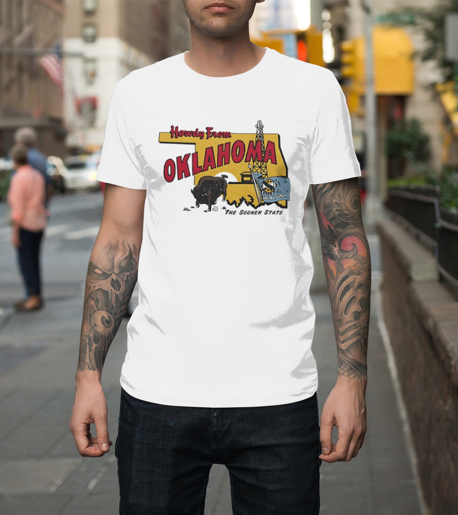 Howdy From Oklahoma The Sooner State Bison With Oil Derrick And Flag T-Shirt