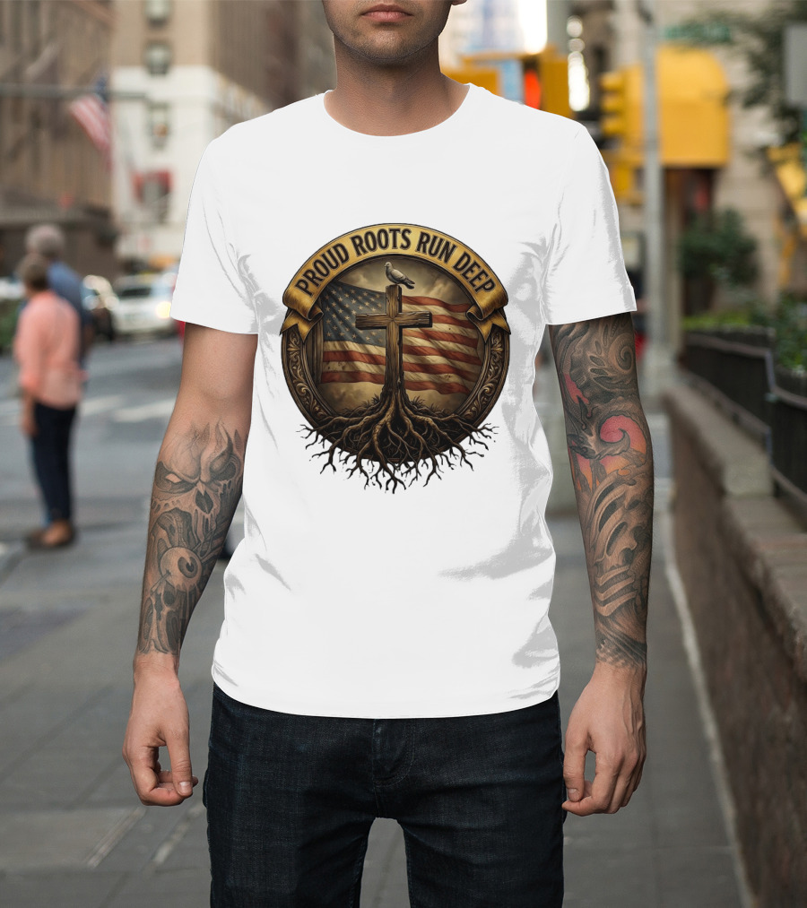 Proud Roots Run Deep Cross Dove American Flag Roots T-Shirt