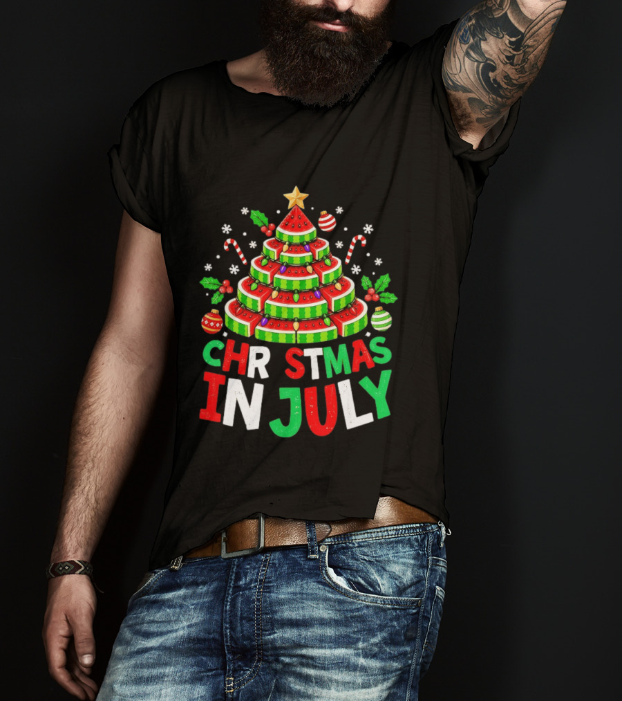 Christmas In July Watermelon Tree With String Lights And Candy Canes T-Shirt