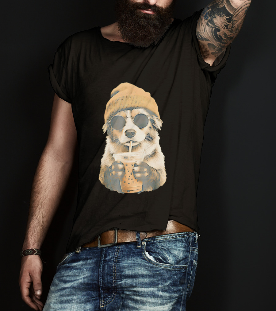 Cozy Dog In Beanie And Sunglasses Enjoying Iced Boba Tea T-Shirt