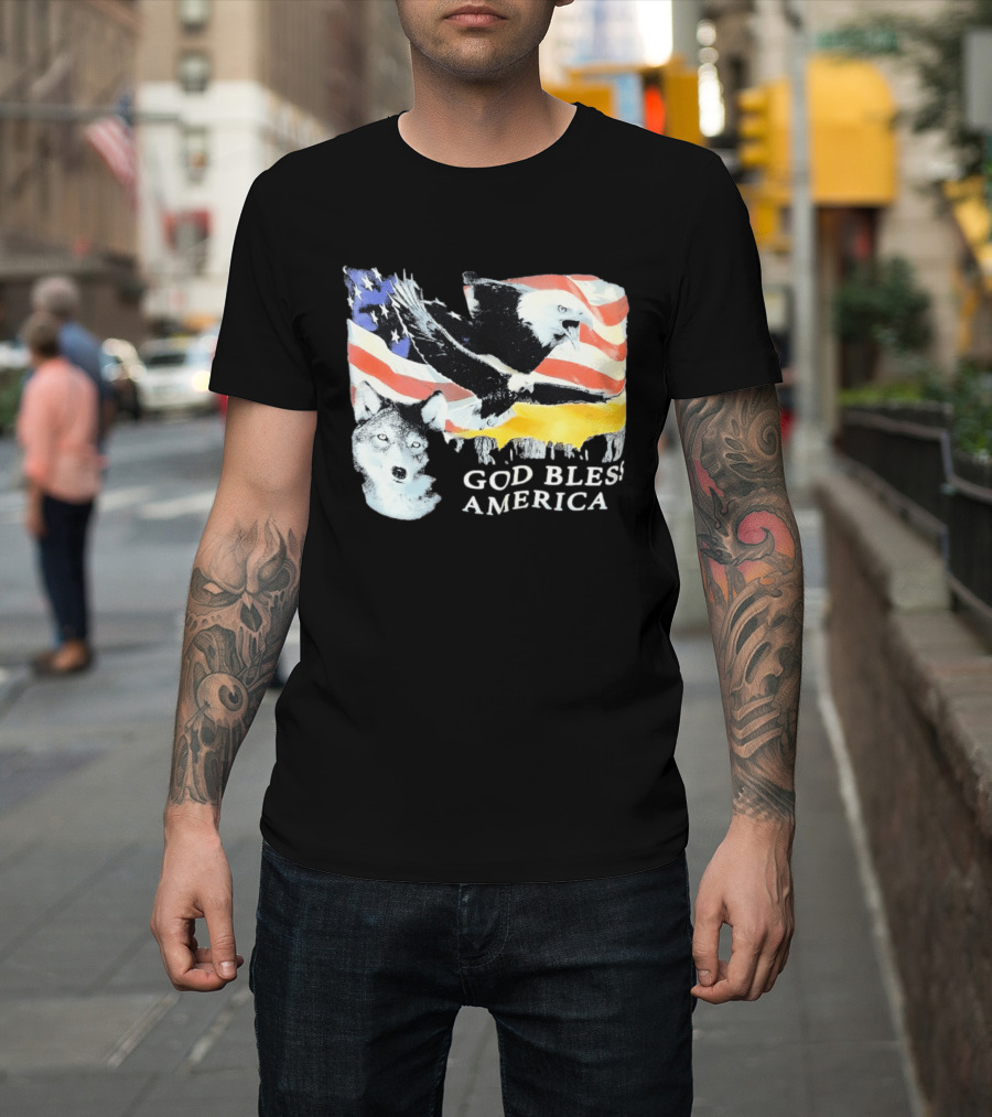 God Bless America Bald Eagle Wolf And American Flag Patriotic T-Shirt