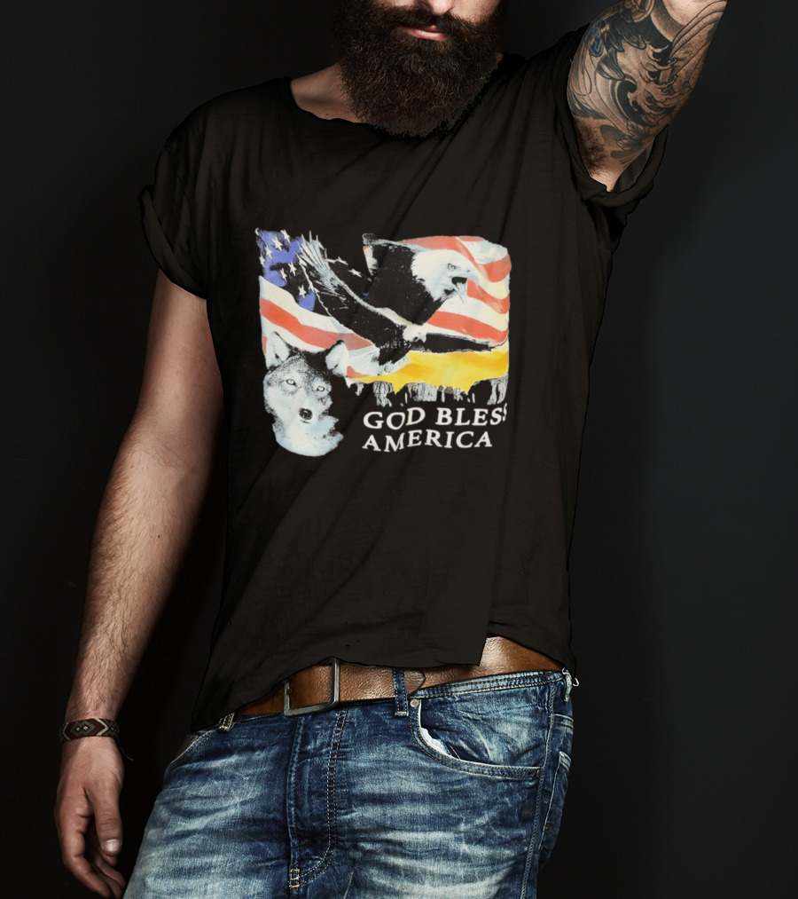 God Bless America Bald Eagle Wolf And American Flag Patriotic T-Shirt