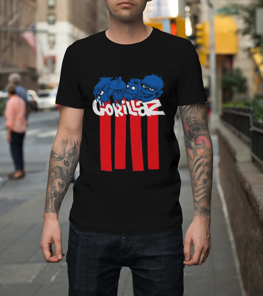 GORILLAZ Pez Heads Characters Red Stripes T-Shirt