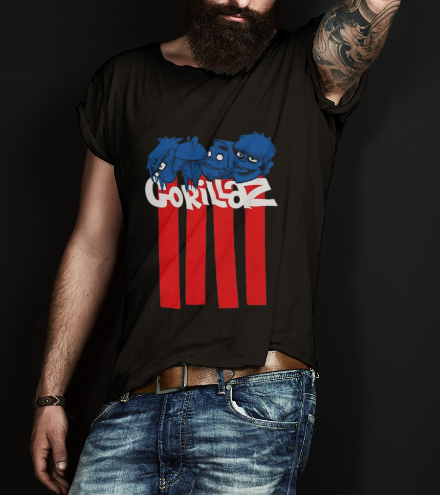 GORILLAZ Pez Heads Characters Red Stripes T-Shirt