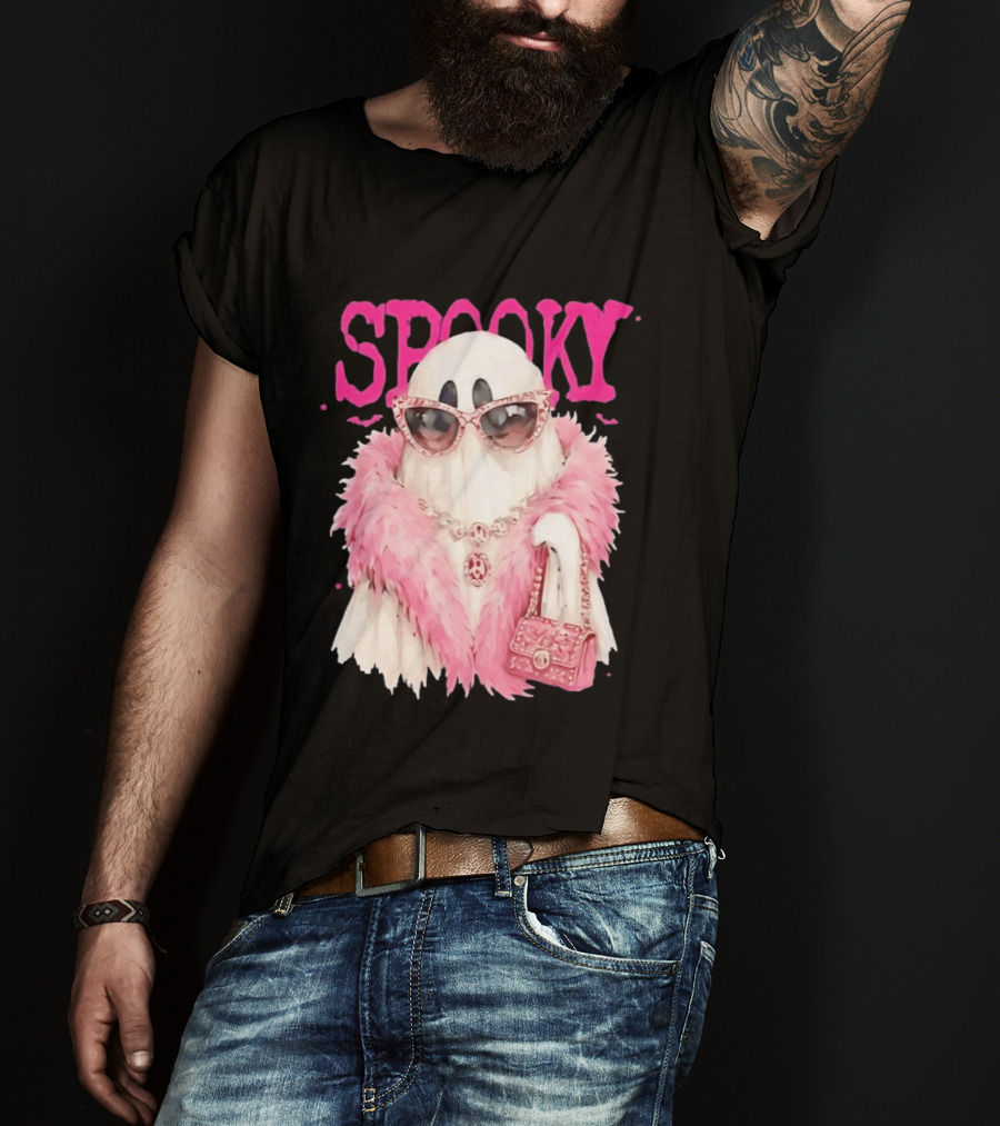 Spooky Glamorous Ghost With Pink Fur And Sunglasses T-Shirt