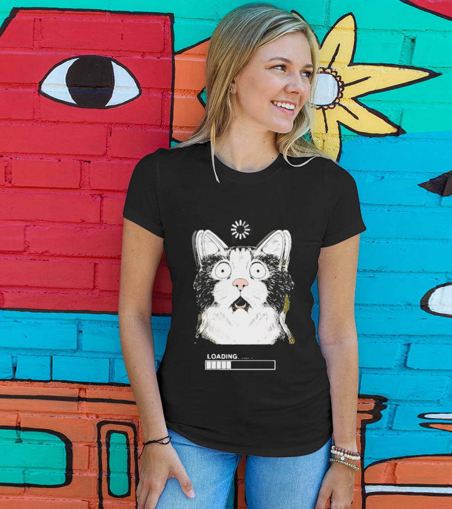 Startled Tuxedo Cat Staring Wide Eyed Beside Loading Progress Bar Meme T-Shirt
