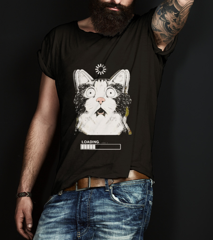 Startled Tuxedo Cat Staring Wide Eyed Beside Loading Progress Bar Meme T-Shirt
