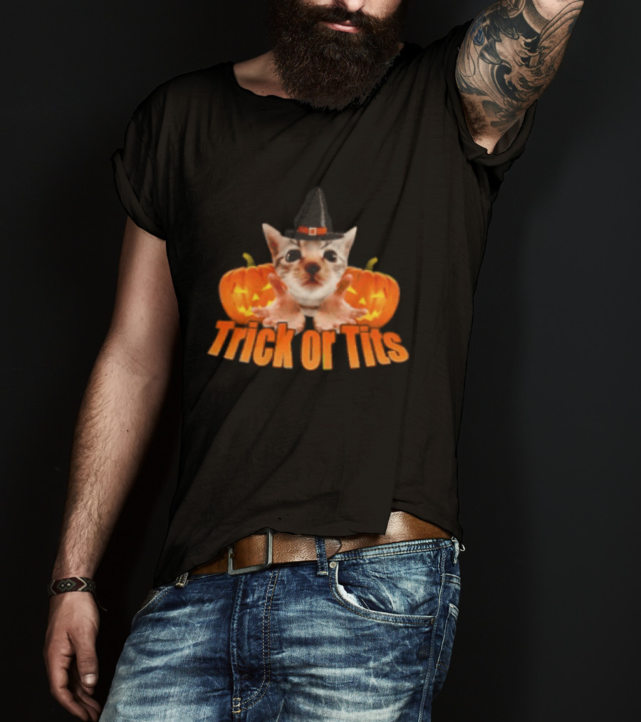 Trick Or Tits Halloween Cat Witch Pumpkin Hat T-Shirt