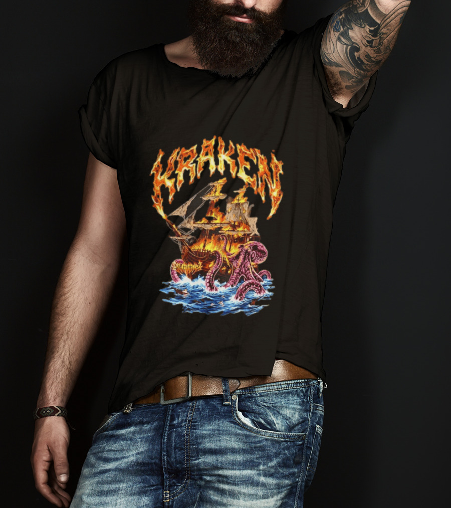 Kraken Nautical Myths Burning Ship Octopus Attack T-Shirt
