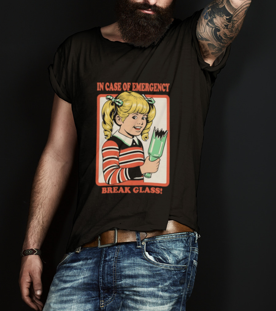 In Case Of Emergency Break Glass Blonde Girl With Striped Sweater Holding Broken Bottle T-Shirt