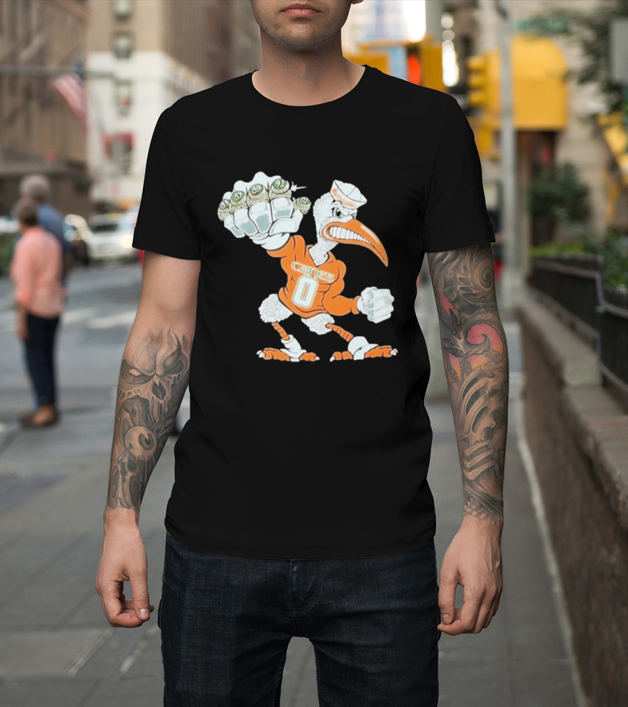 Miami Hurricanes Sebastian The Ibis 5 Rings Champs 1983 1987 1989 1991 2001 T-Shirt