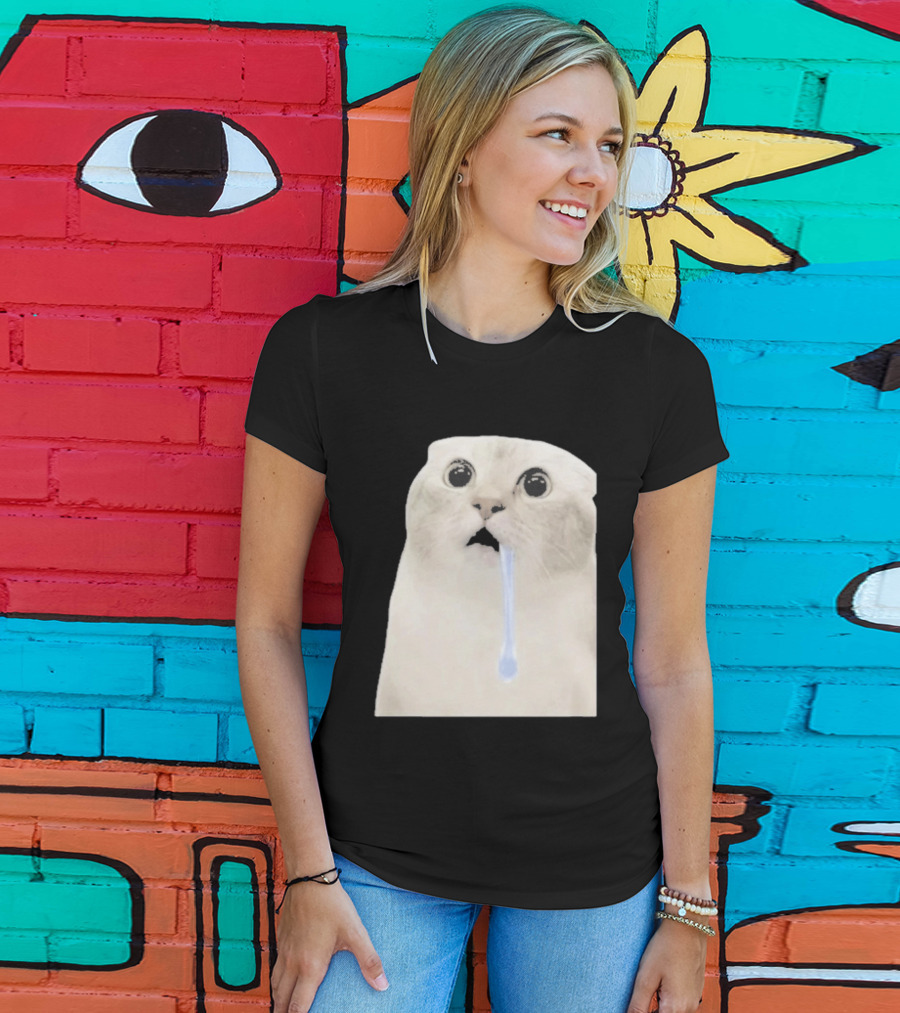 Wide Eyed Drooling Cat Meme Humor T-Shirt