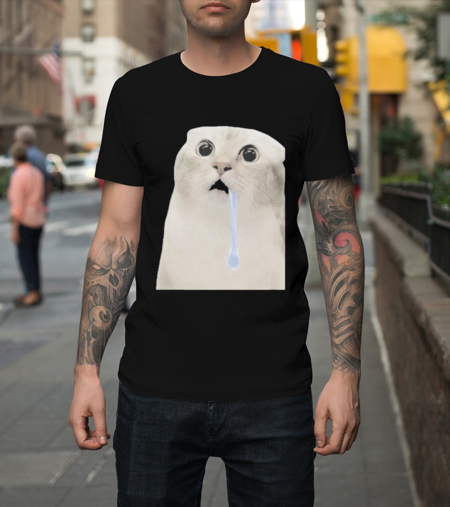 Wide Eyed Drooling Cat Meme Humor T-Shirt