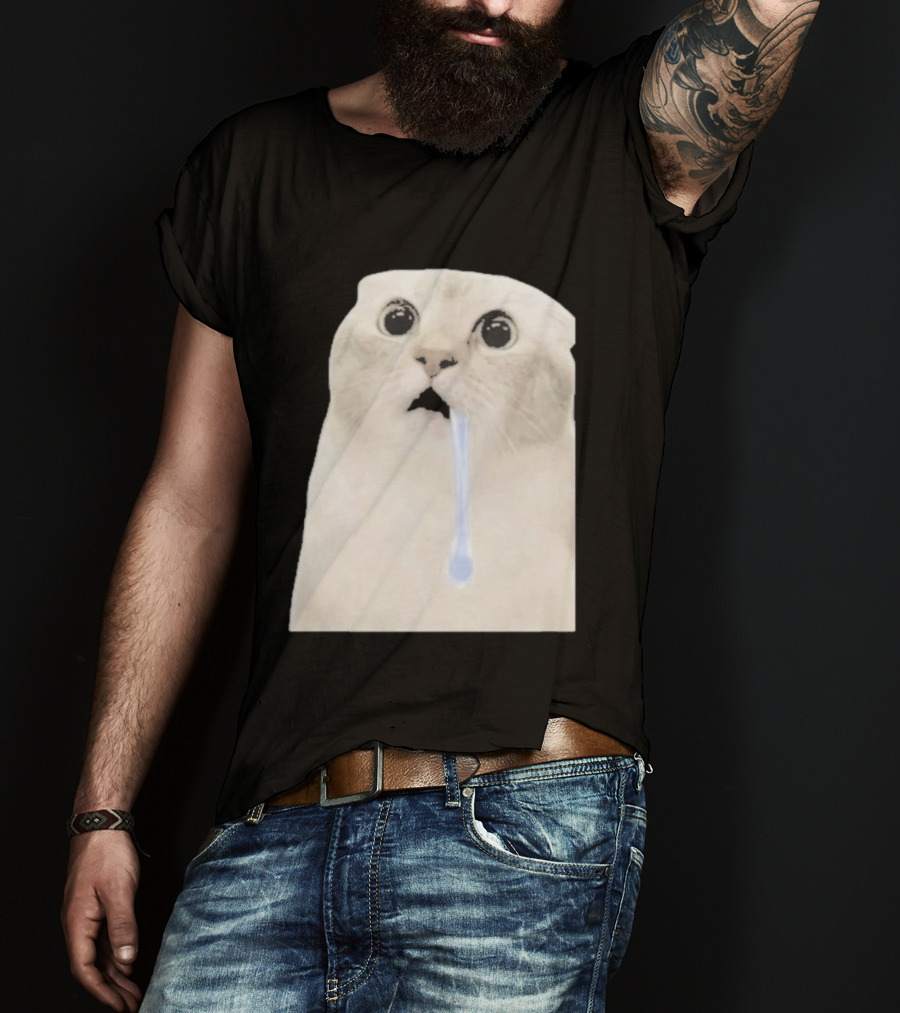 Wide Eyed Drooling Cat Meme Humor T-Shirt