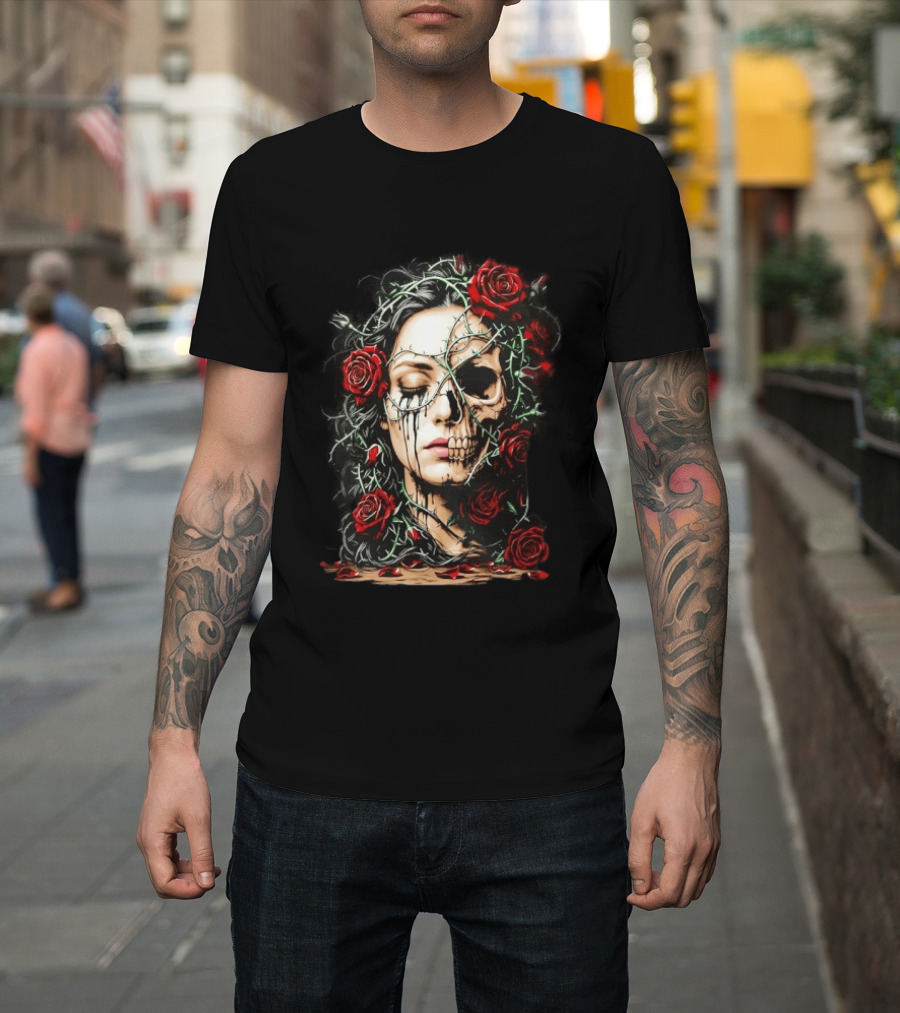 Eleventy Skull And Roses Gothic Heavy Metal Image With Thorns And Red Roses T-Shirt