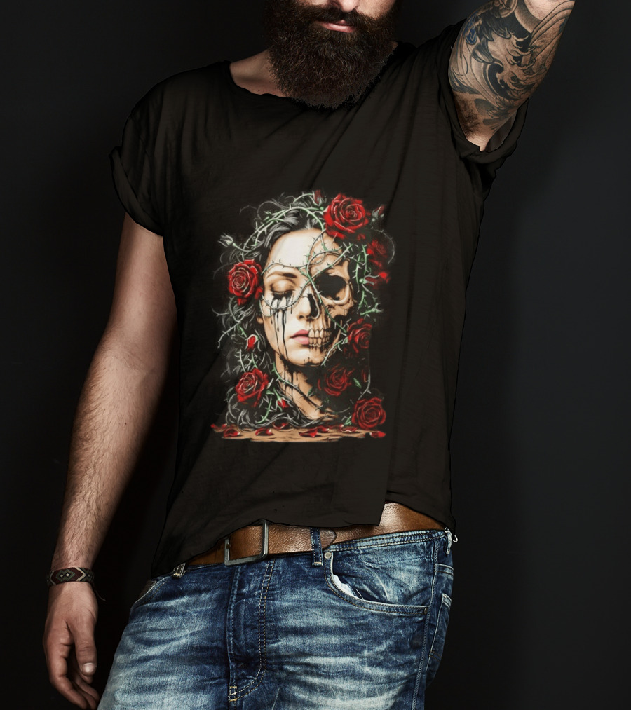 Eleventy Skull And Roses Gothic Heavy Metal Image With Thorns And Red Roses T-Shirt