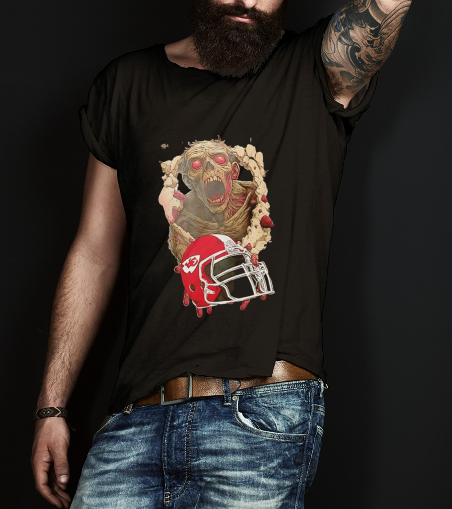 Zombie Kansas City Chiefs Helmet Halloween Scary Football Fan Spirit T-Shirt