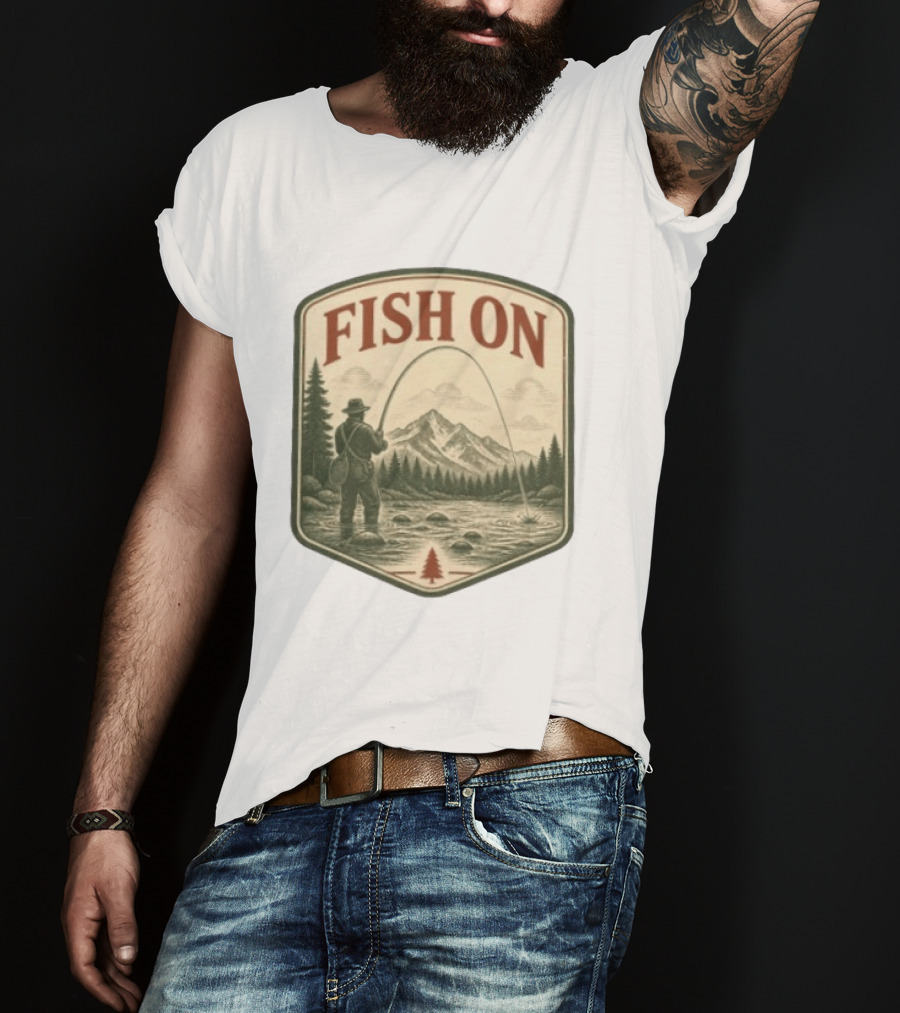 Fish On Fly Fishing Fisherman Mountain Landscape Adventure T-Shirt