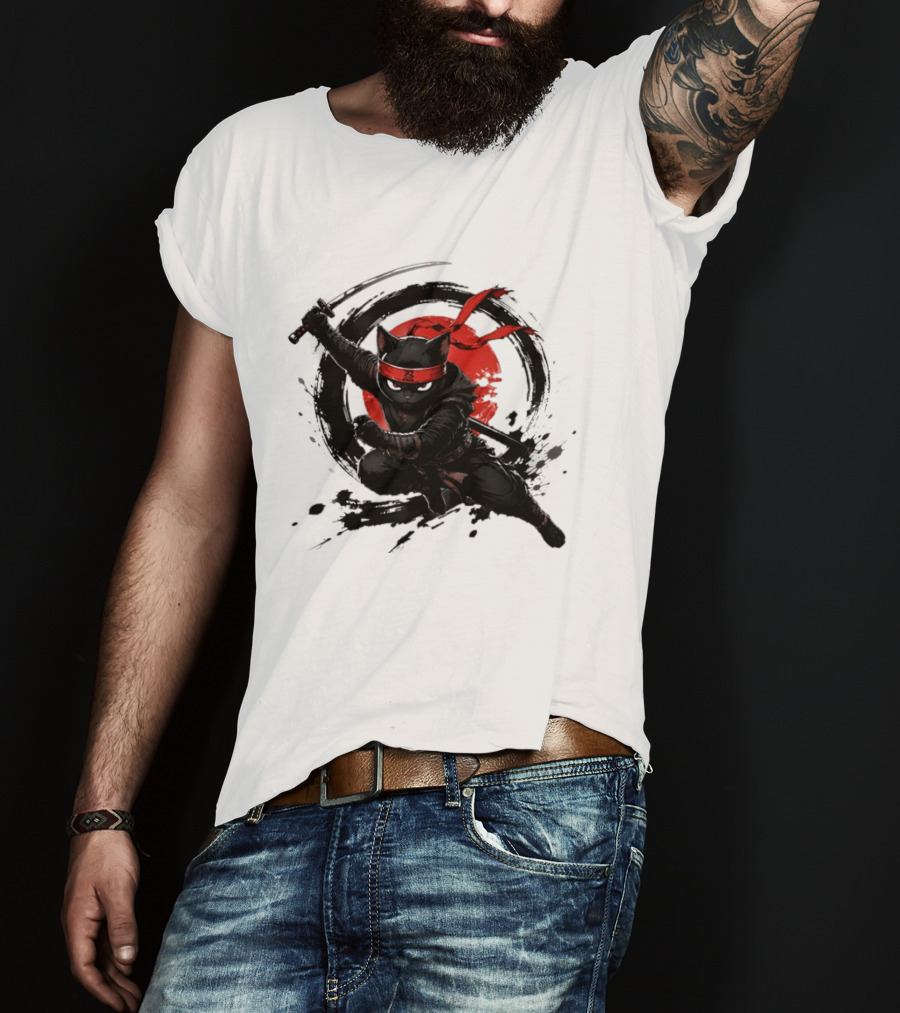 Ninja Cat Katana Warrior Red Rising Sun T-Shirt
