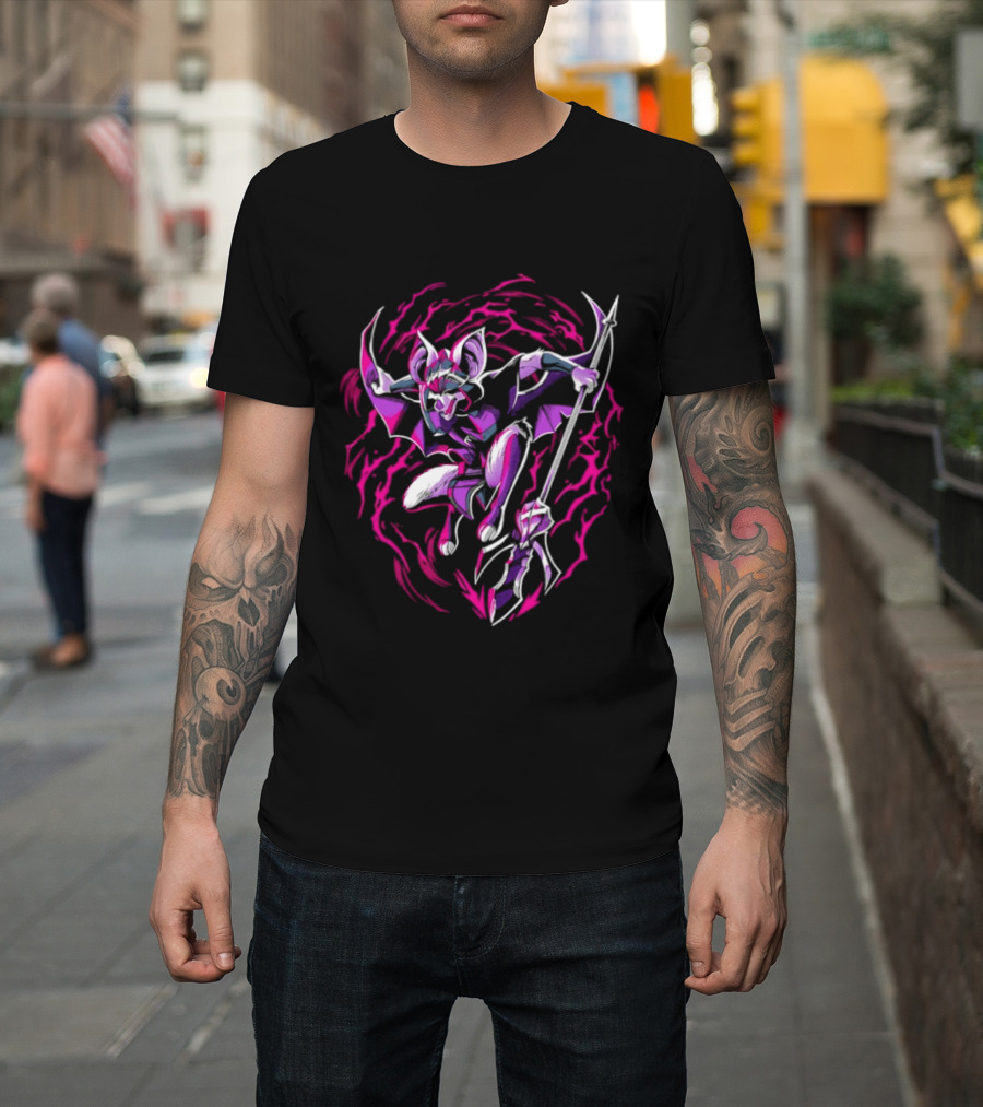 Thorne Bat Warrior With Spear Fantasy Purple Pink Swirl T-Shirt