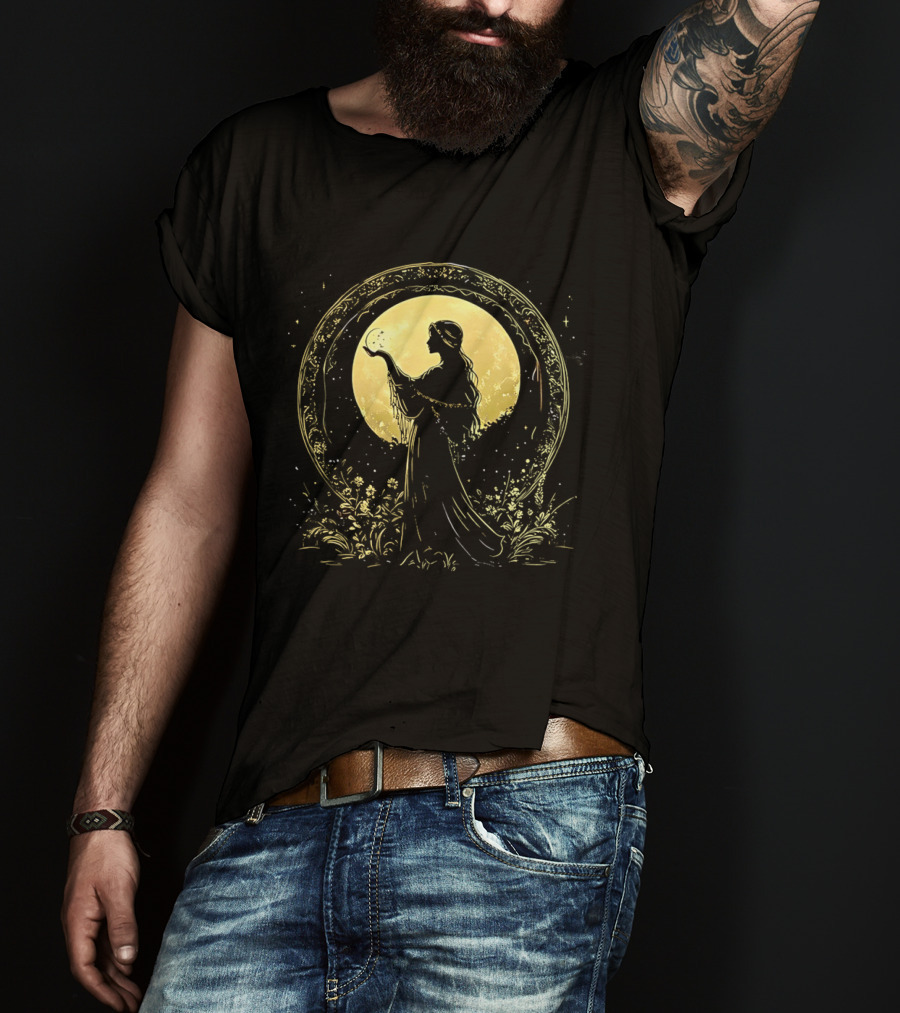 Woman Holding Moon Crescent Celestial Golden Lunar T-Shirt