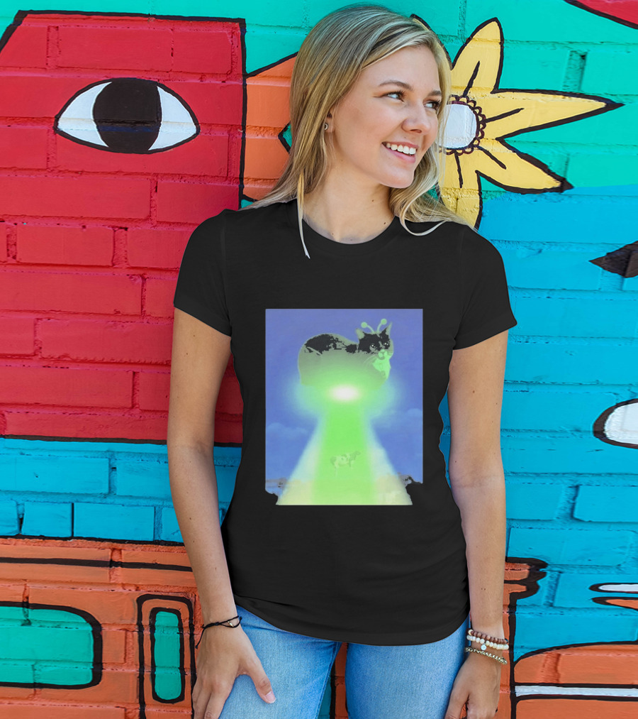 Alien Kitty UFO Beaming Cat Abduction With Tractor Beam And Cow T-Shirt