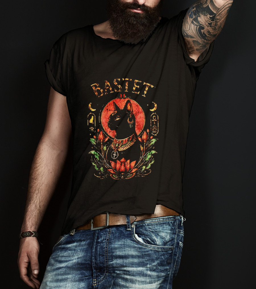 Bastet Cat Goddess Egyptian Symbolism With Ankh And Lotus T-Shirt