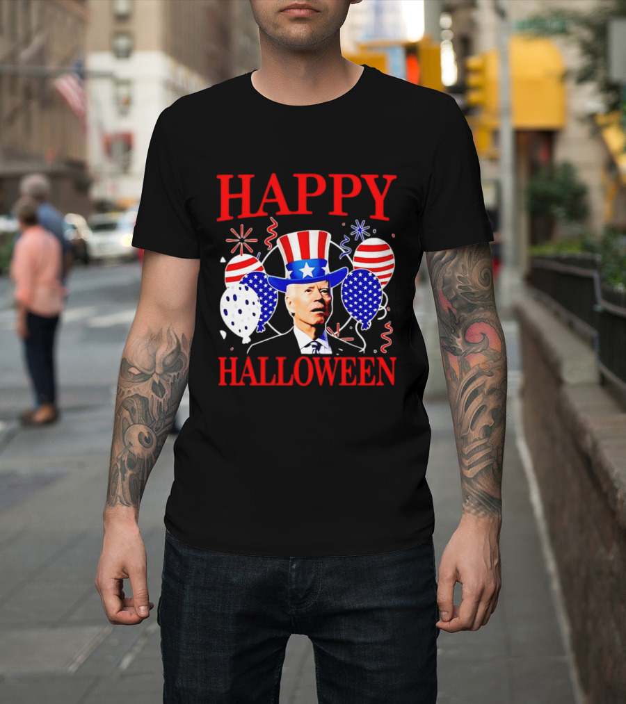 Happy Halloween Biden Uncle Sam Hat American Flag Balloons T-Shirt