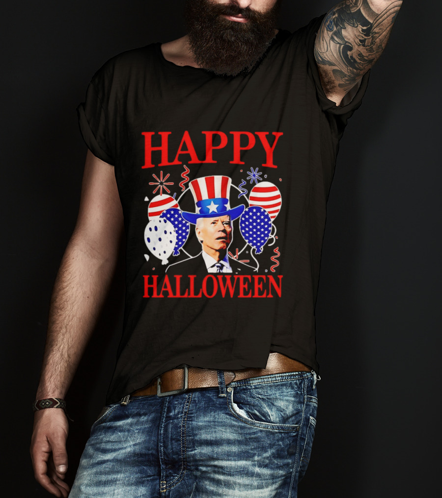 Happy Halloween Biden Uncle Sam Hat American Flag Balloons T-Shirt