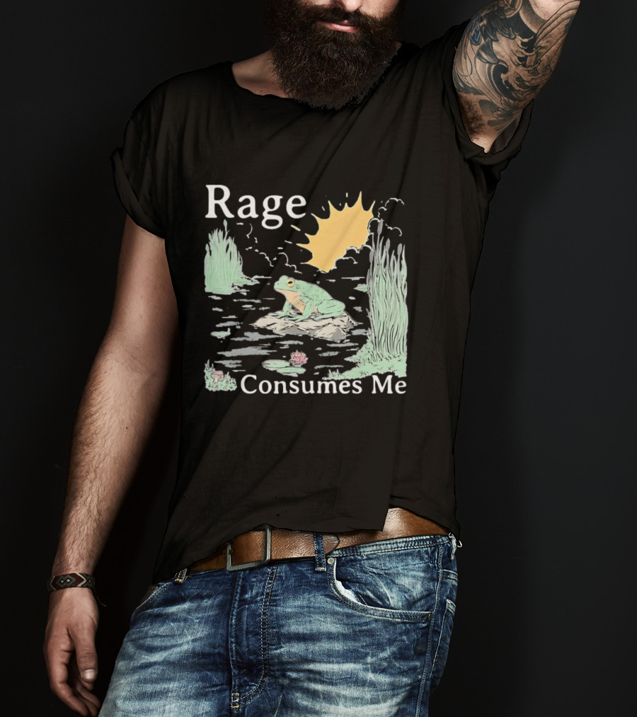 Rage Consumes Me Frog On Rock With Sunburst And Pond Scene T-Shirt