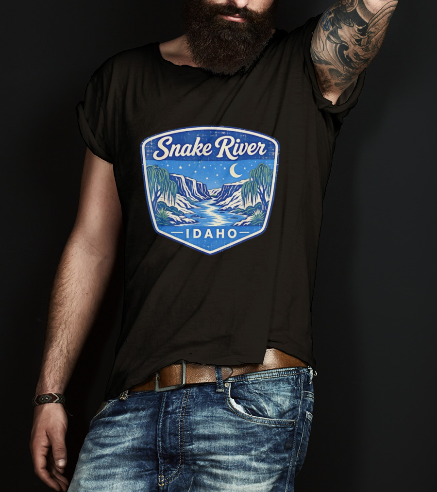 Snake River Idaho Nighttime Canyon With Moon And Stars T-Shirt