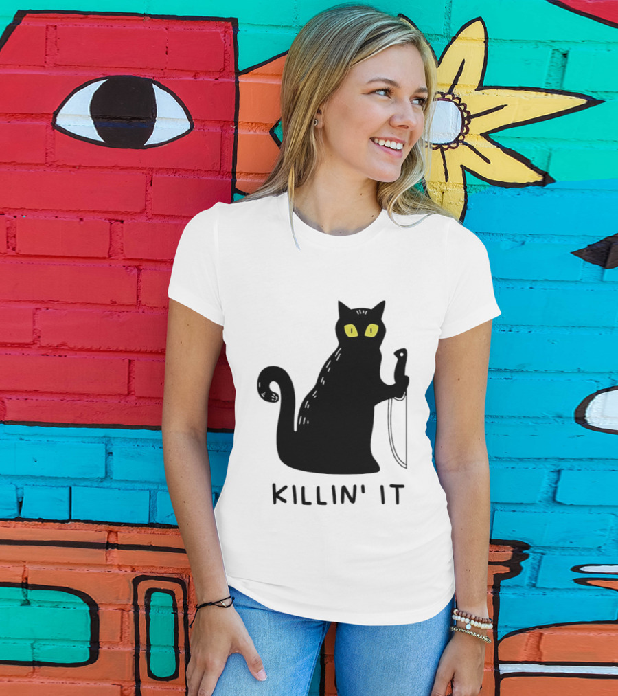 Black Cat Killin' It Halloween Knife T-Shirt