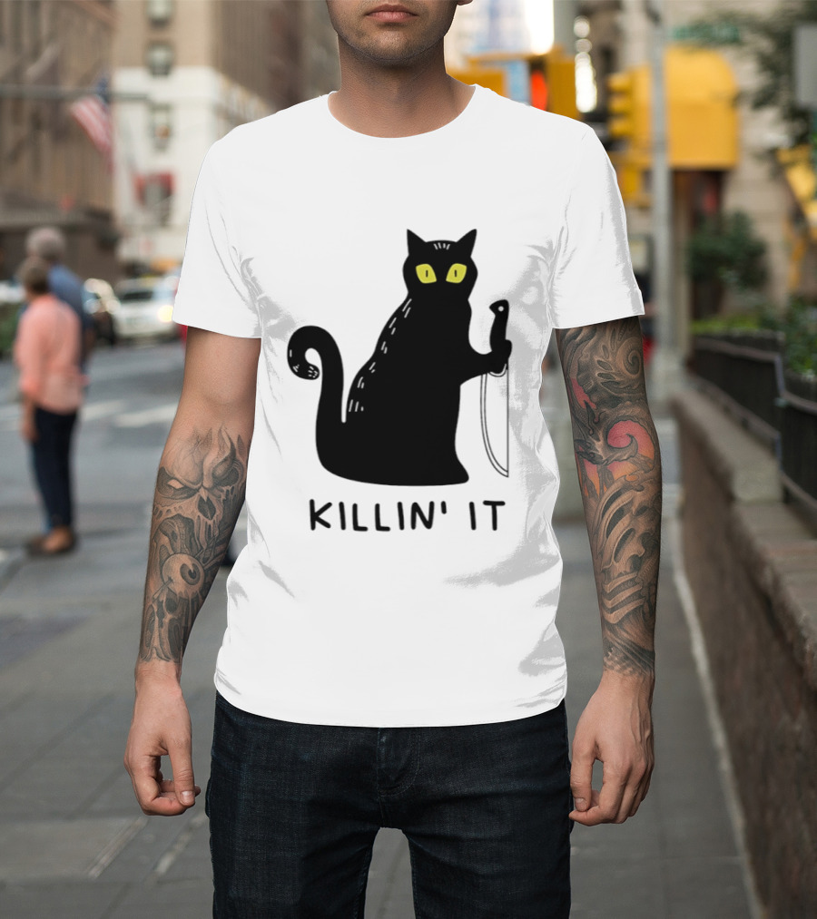 Black Cat Killin' It Halloween Knife T-Shirt