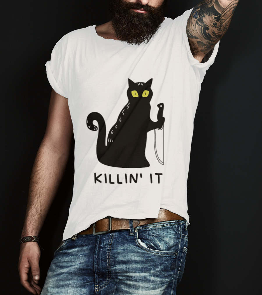 Black Cat Killin' It Halloween Knife T-Shirt